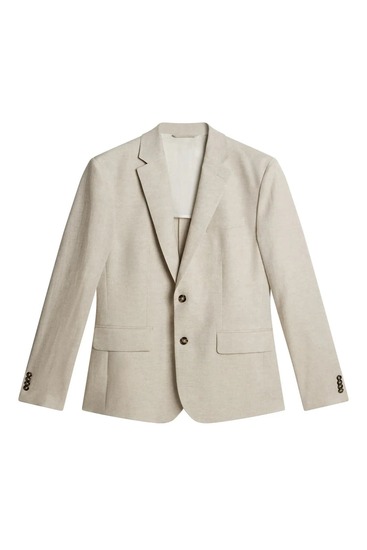 Beige linnékavaj för herr, klassiskt snitt, två knappar, modernt herrmode.