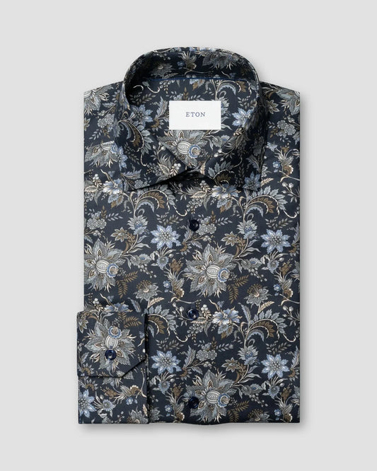 Eton herr skjorta med blomtryck, mörkblå twill, cut away-krage, långärmad
