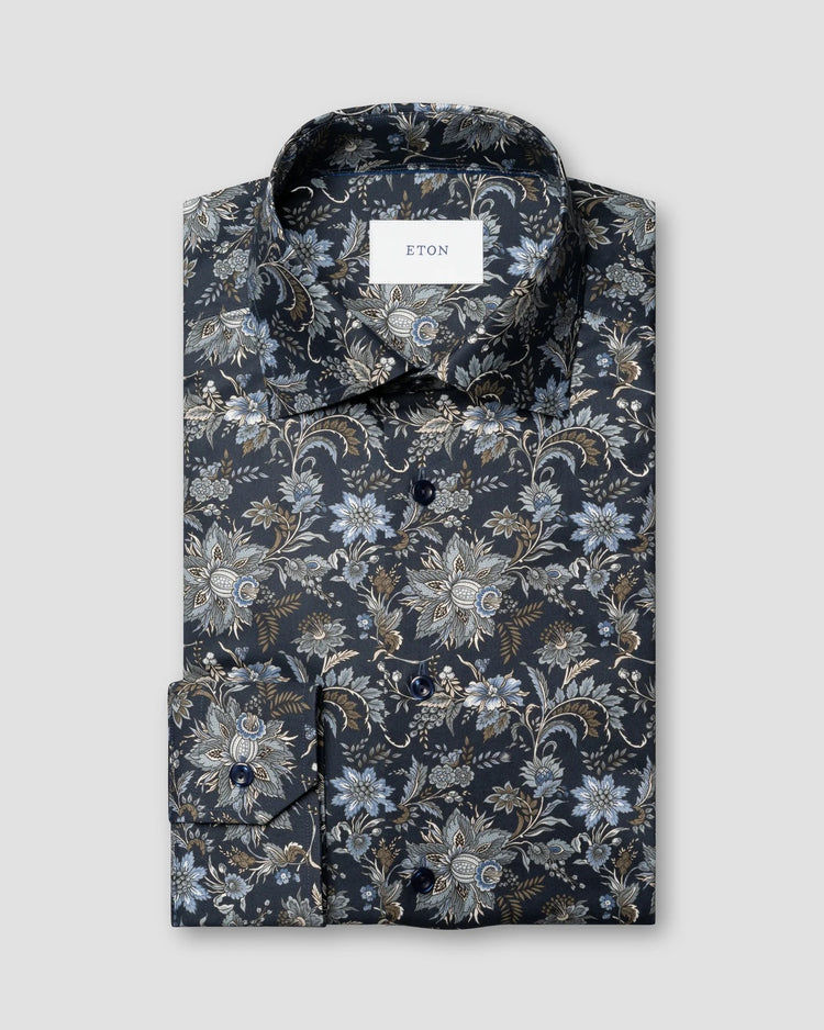 Classic Fit Signature Twill-skjorta med blommönster - Mörkblå