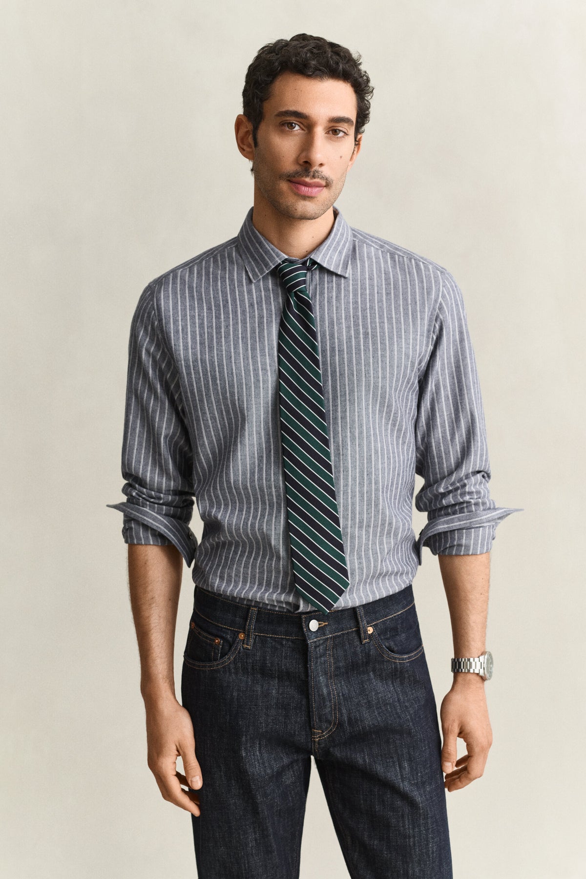 Reg Flannel Melange Stripe Shirt - 480 Dark Navy Melange – modell