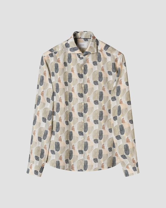 Eton linneskjorta herr geometriskt mönster beige blå brun