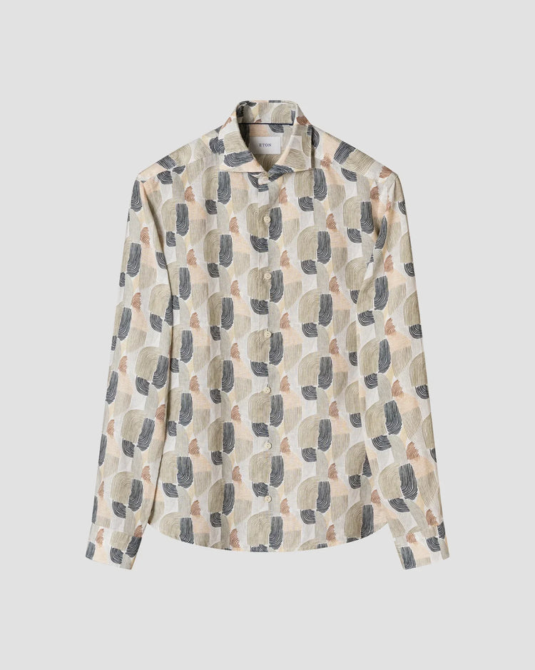 Eton linneskjorta herr geometriskt mönster beige blå brun