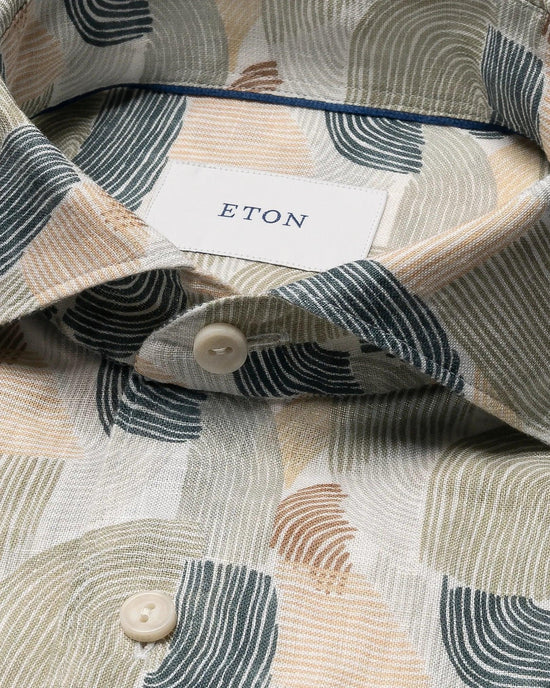 Eton linneskjorta herr geometriskt mönster beige grön blå