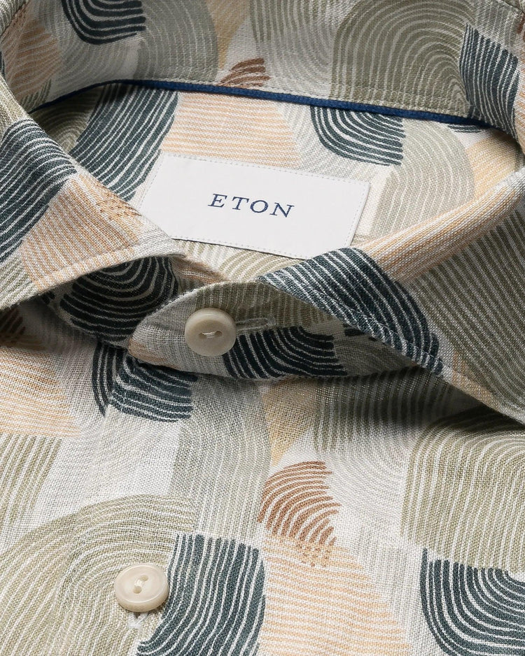 Eton linneskjorta herr geometriskt mönster beige grön blå