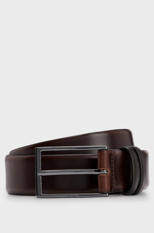 Brunt läderbälte för herr, klassisk stil med silverfärgat spänne, accessoar mode