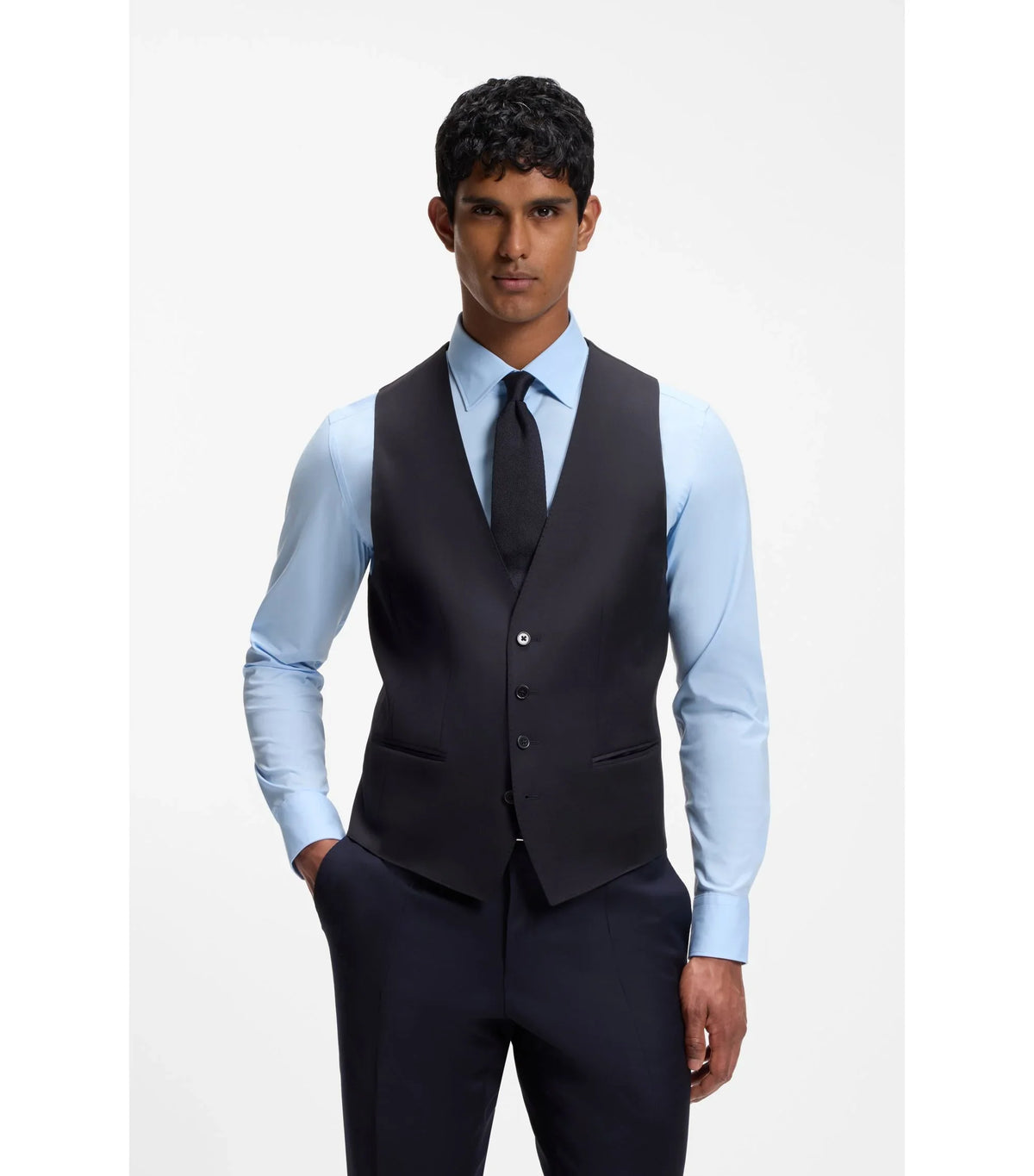 BOSS ONE Slim fit-väst i sergevävd jungfruull - Mörkblå