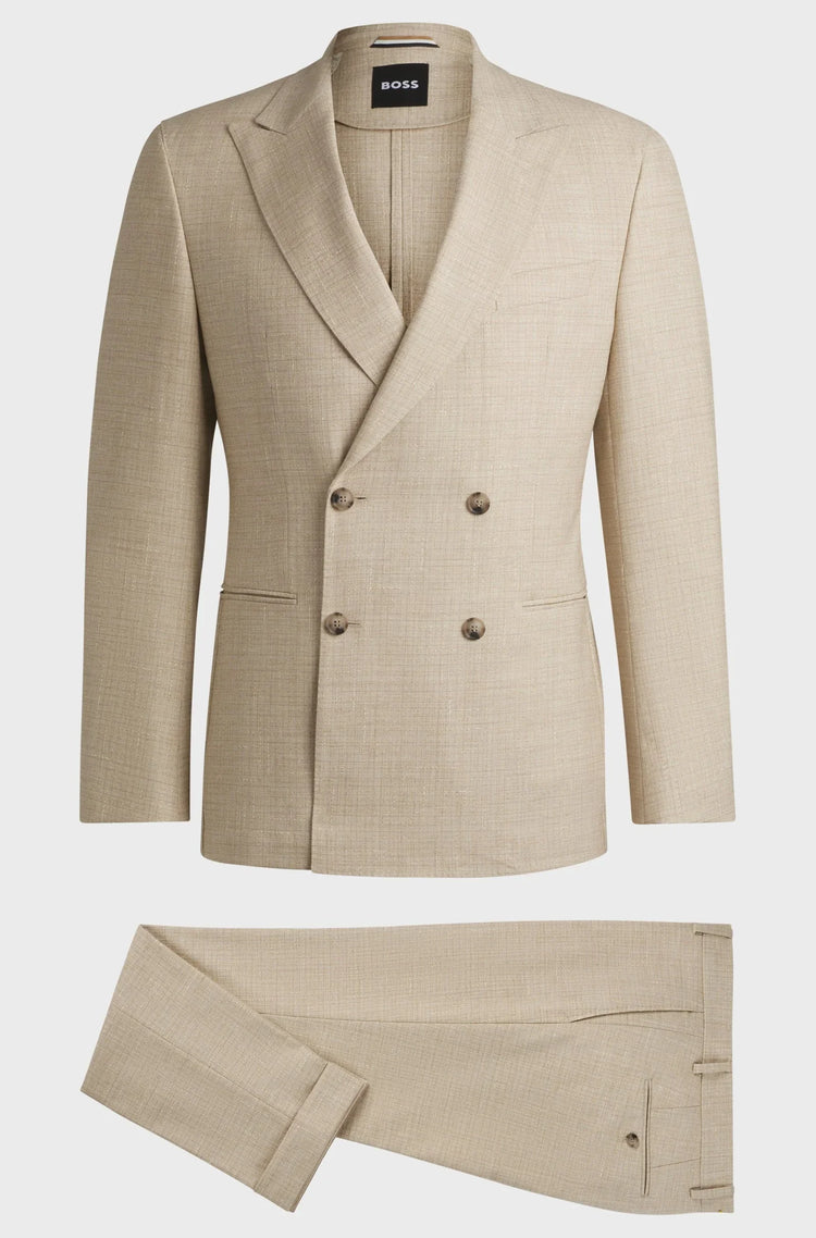 Beige dubbelknäppt kostym herr med byxor, klassiskt snitt och elegant struktur