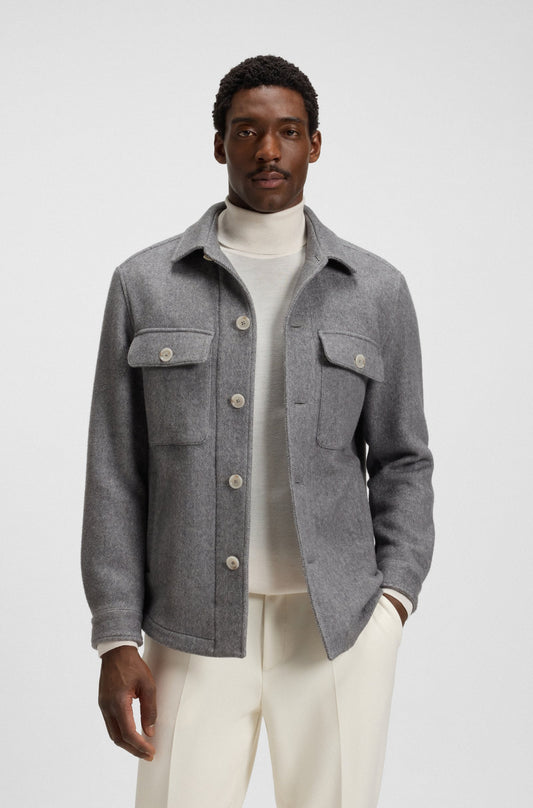 Relaxed fit overshirt i fiskbensmönstrat material - Grå