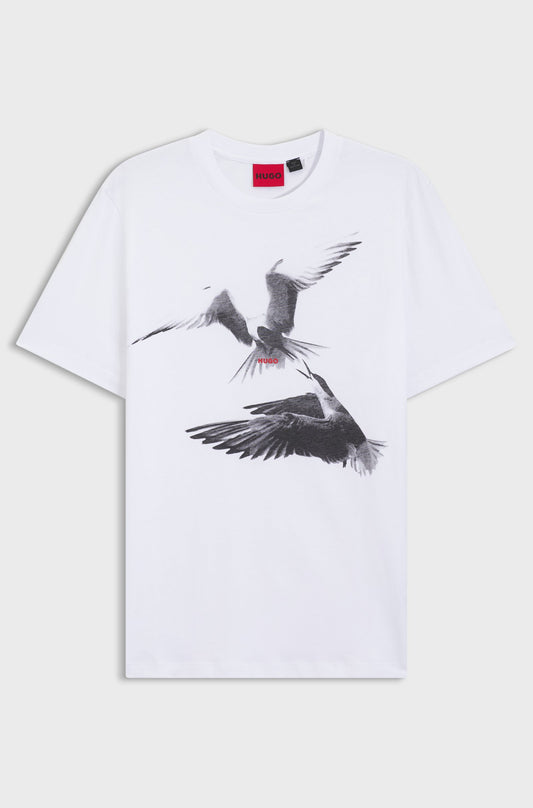 HUGO vit T-shirt med fågelmotiv herr