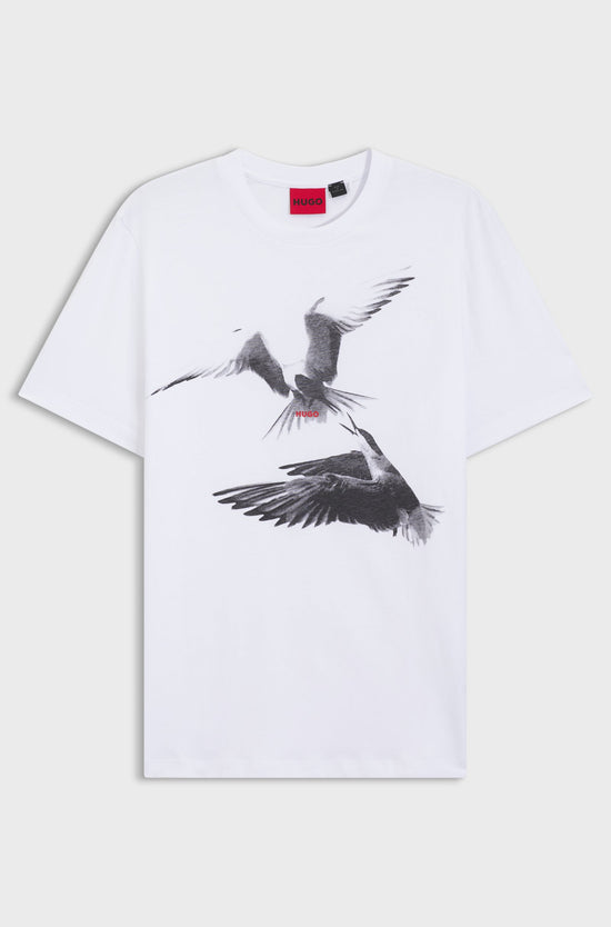 HUGO vit T-shirt med fågelmotiv herr