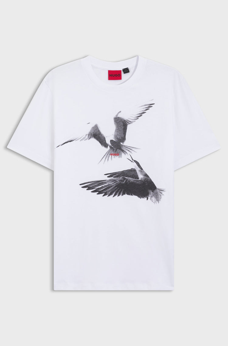 HUGO vit T-shirt med fågelmotiv herr