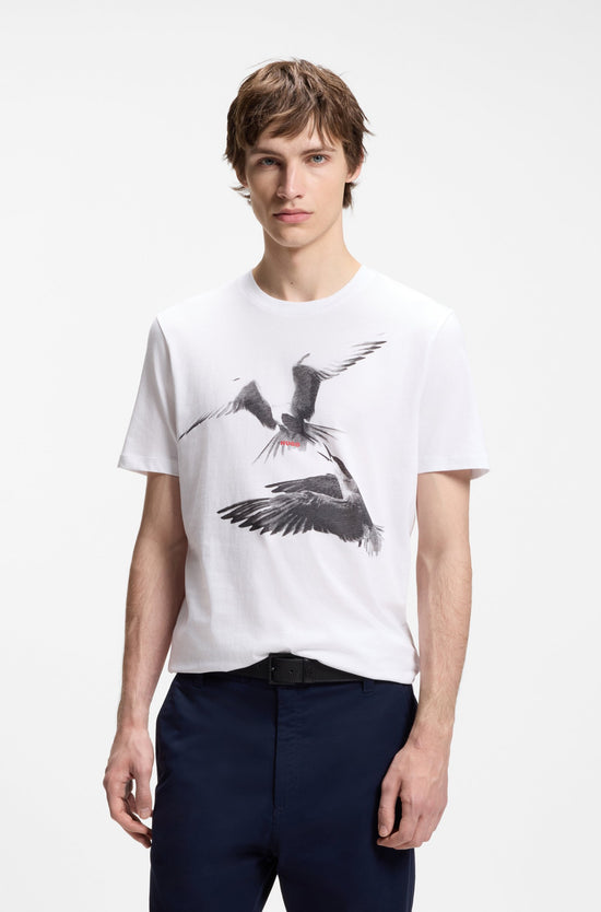 HUGO vit t-shirt med fågelprint herr