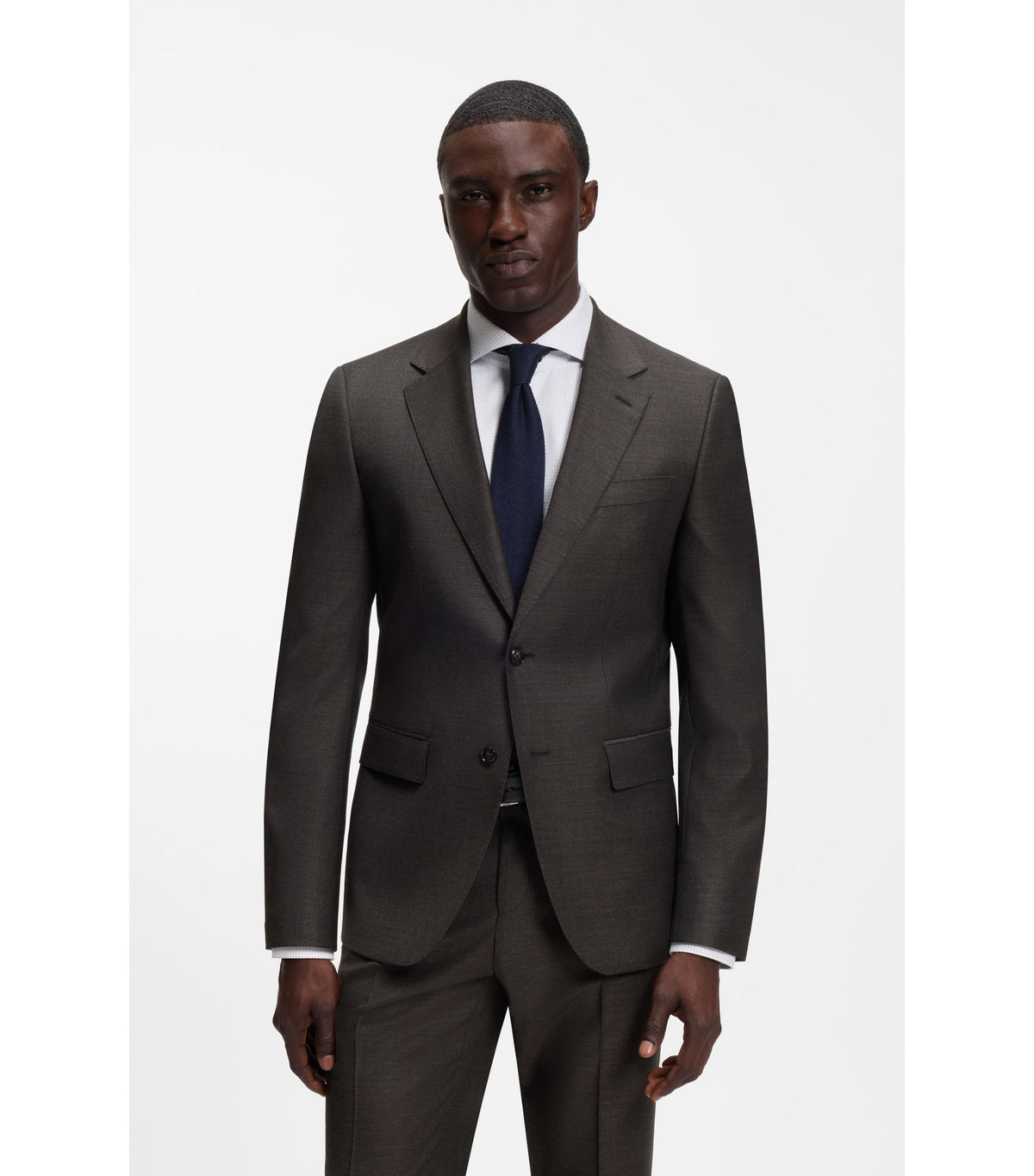 Slim fit-kavaj i stretchig ull med mikromönster - Brun