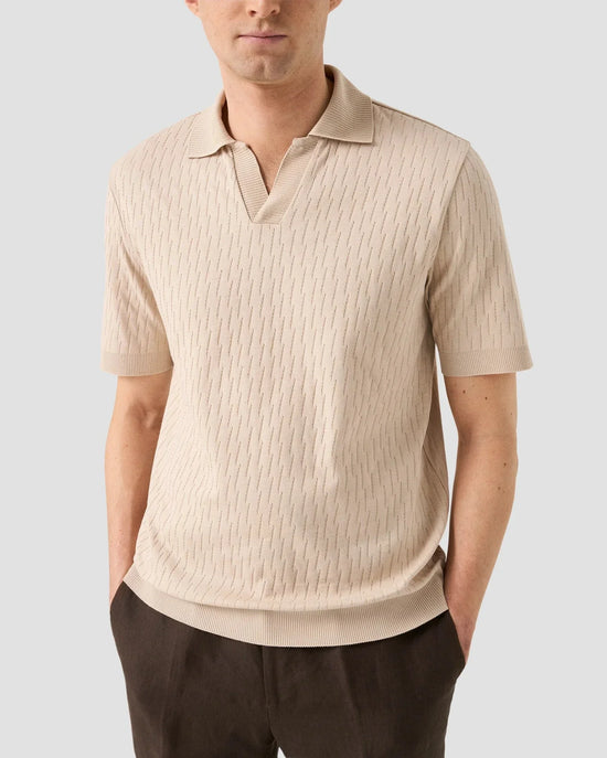 Jacquard beige open collar polo herrtröja kort ärm