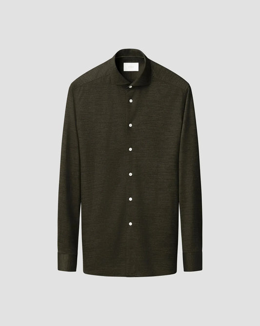 Merino lyocell jersey herr skjorta i mörkgrönt, långärmad med vit knappstängning