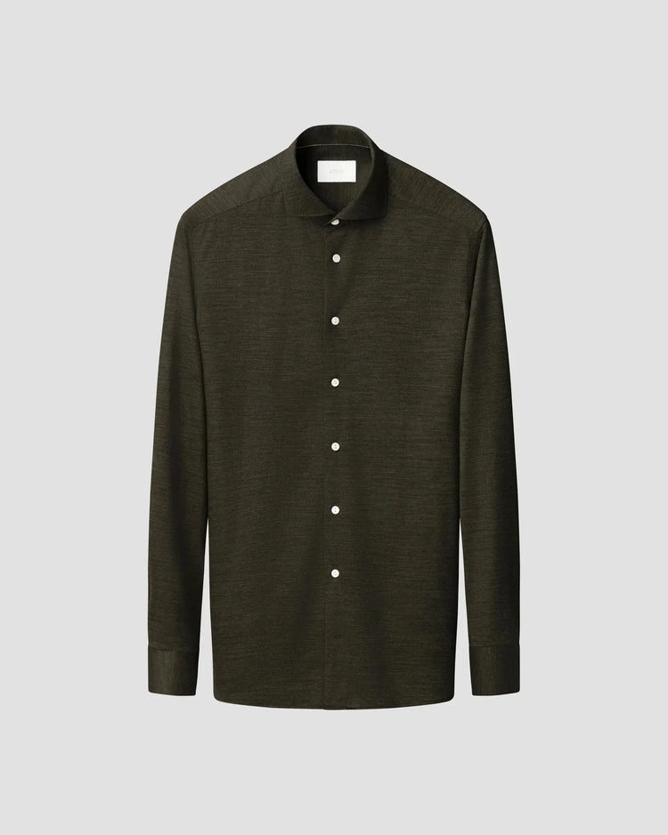 Merino lyocell jersey herr skjorta i mörkgrönt, långärmad med vit knappstängning
