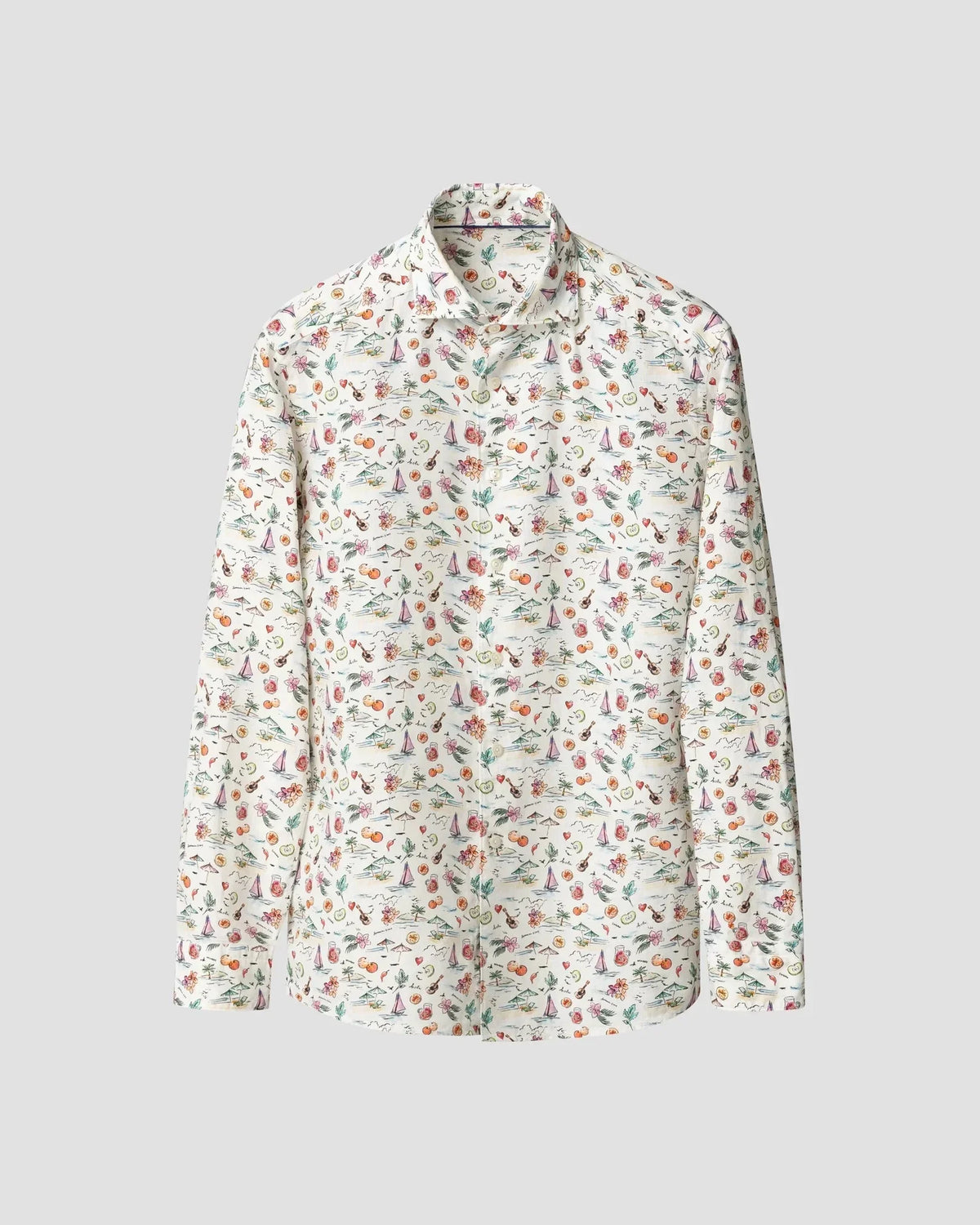 Herrskjorta i linne med färgglatt frukt- och blommönster, lång ärm, vit bas.