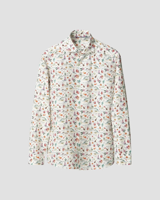 Herrskjorta i linne med färgglatt frukt- och blommönster, lång ärm, vit bas.