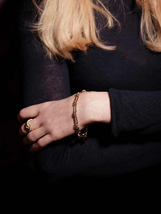 Guldfärgat armband med elegant design på handled, person klädd i mörk topp.