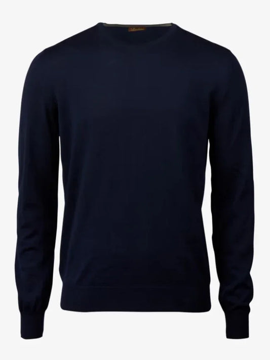 Marinblå herrtröja med rund hals, klassisk design och lång ärm, herrkläder online