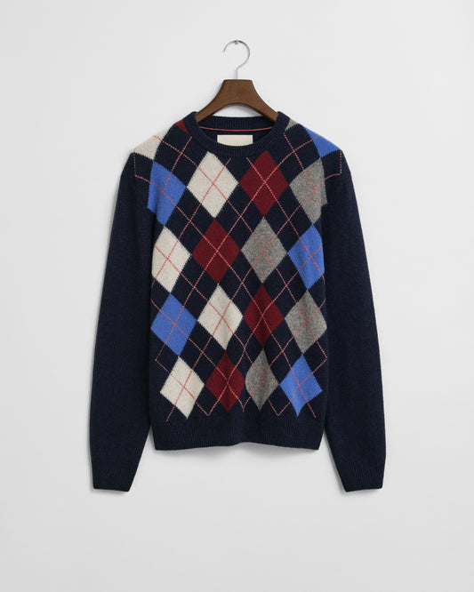 Argylemönstrad tröja med rund halsringning - Dark Navy Melange