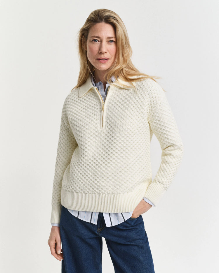 Cotton Texture Half Zip - Creme