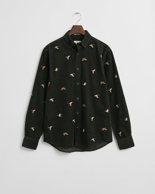 Regular fit broderad manchesterskjorta - Dark Moss Green