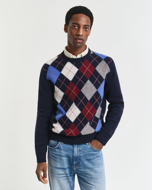 Argylemönstrad tröja med rund halsringning - Dark Navy Melange