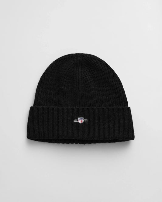 Gant herr mössa – svart stickad mössa med broderad logotyp framtill