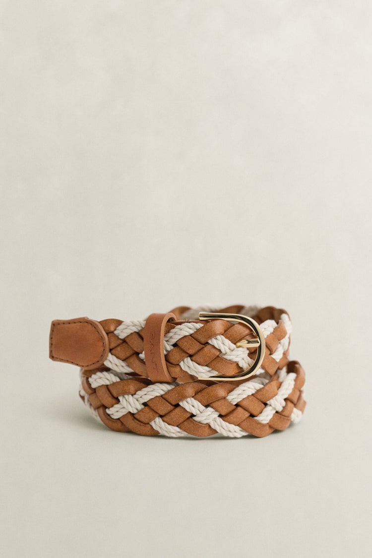 Gant flätat bälte herr beige och brunt läder med mässingsspänne