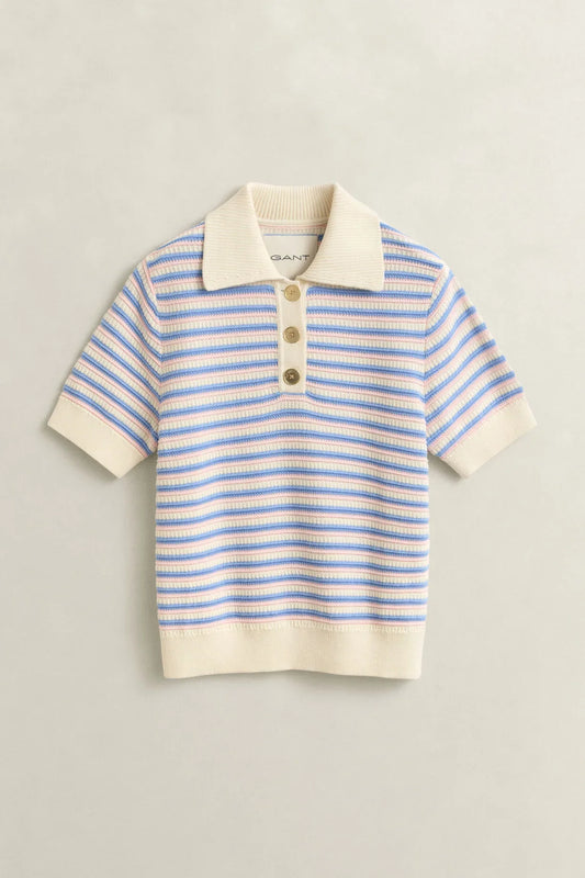Gant randig pikétröja kort ärm blå vit beige herr