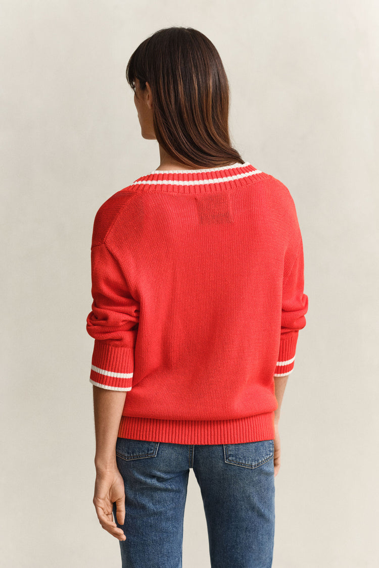 CONTRAST COTTON V-NECK - PERFECT RED