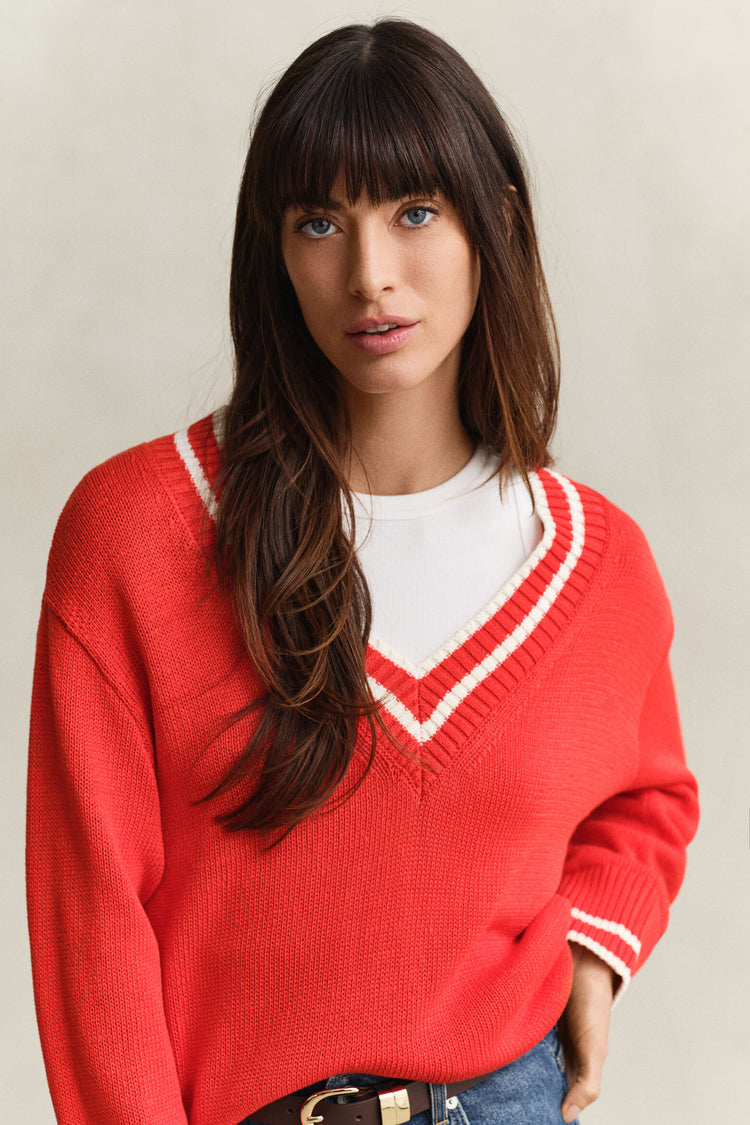 CONTRAST COTTON V-NECK - PERFECT RED