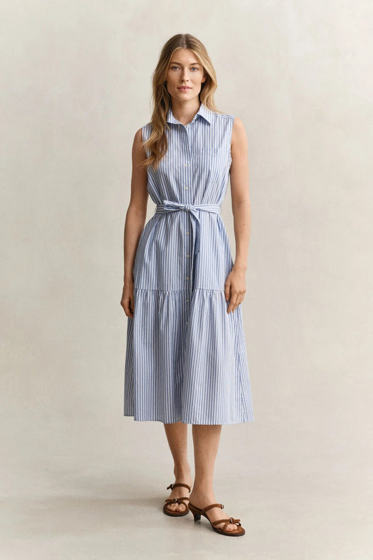 STRIPE CTN SLEEVELESS DRESS - HYDRANGEA BLUE