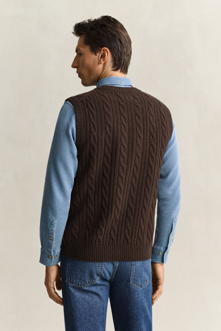 Lambswool Cable Vest - Brown