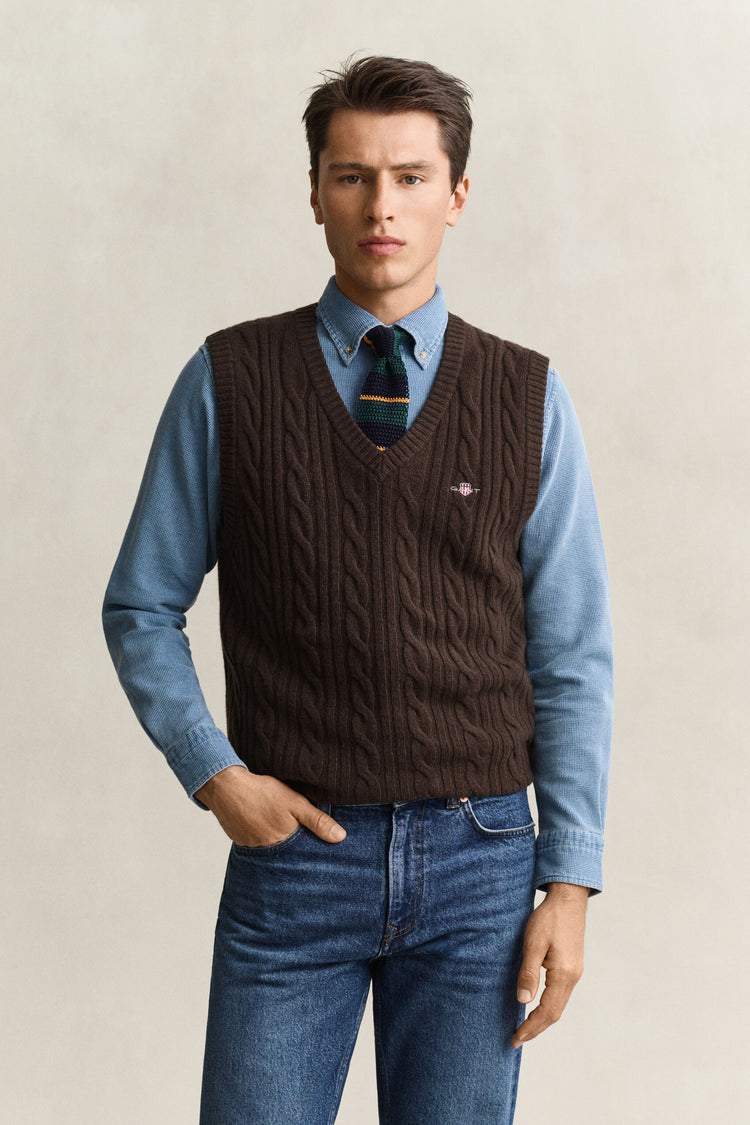 Lambswool Cable Vest - Brown