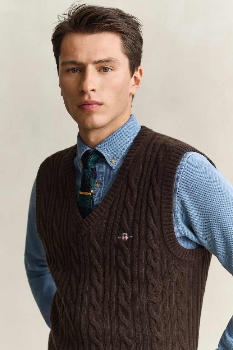 Lambswool Cable Vest - Brown