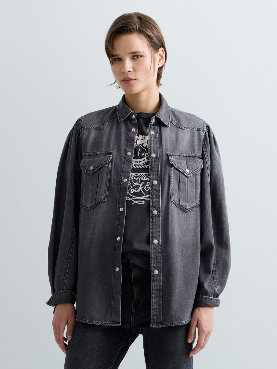 Jeansskjorta med satinfinish - Mellangrå – bild 1